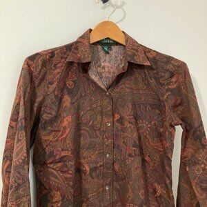 Lauren Ralph Lauren Women S Button Down Blouse Paisley Print Cotton Brown Red